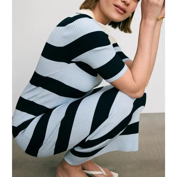 A.L.C. Blue Black Stripe Polo Midi Dress XL Preppy Ribbed Knit Designer $500 - Picture 2 of 12